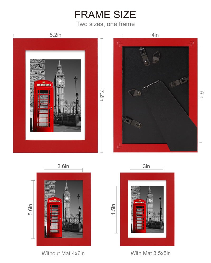 Hongkee إطار صورة Hongkee مقاس 4x6 (4 عبوات، أحمر)، مصنوع من الزجاج الحقيقي وإطار خشبي - صور عرض 3.5x5 مع حصيرة أو 4x6 بدون حصيرة، إطارات صور 4 × 6 عرض على سطح الطاولة وتركيب على الحائط - Image 2